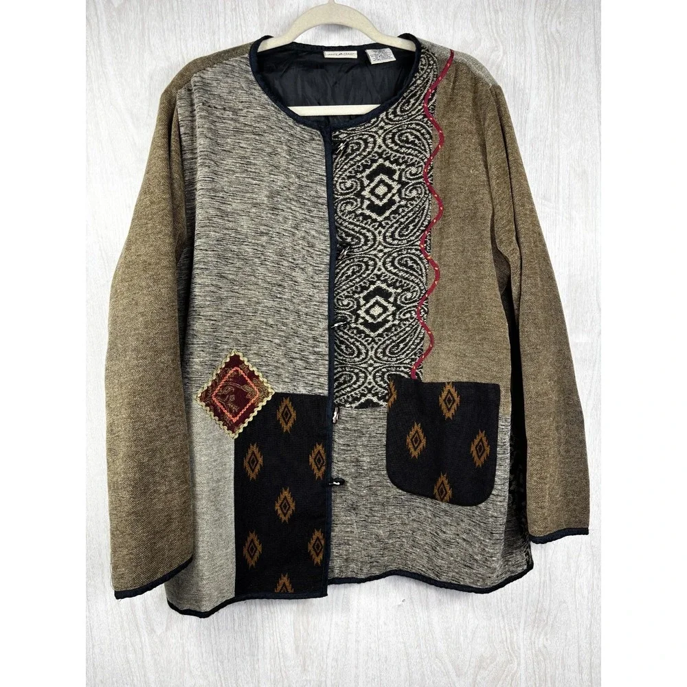 Vintage White‎ Stag Tapestry Jacket Embellished Boho Cottagecore Women XL